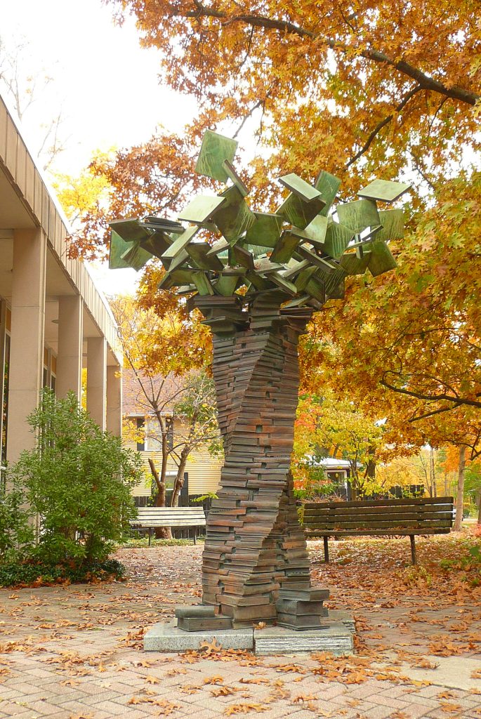 TREE OF KNOWLEDGE, c 1992, bronze, 10 ft.hi. x 8 ft.dia. Public Library, Yellow Springs, OH.